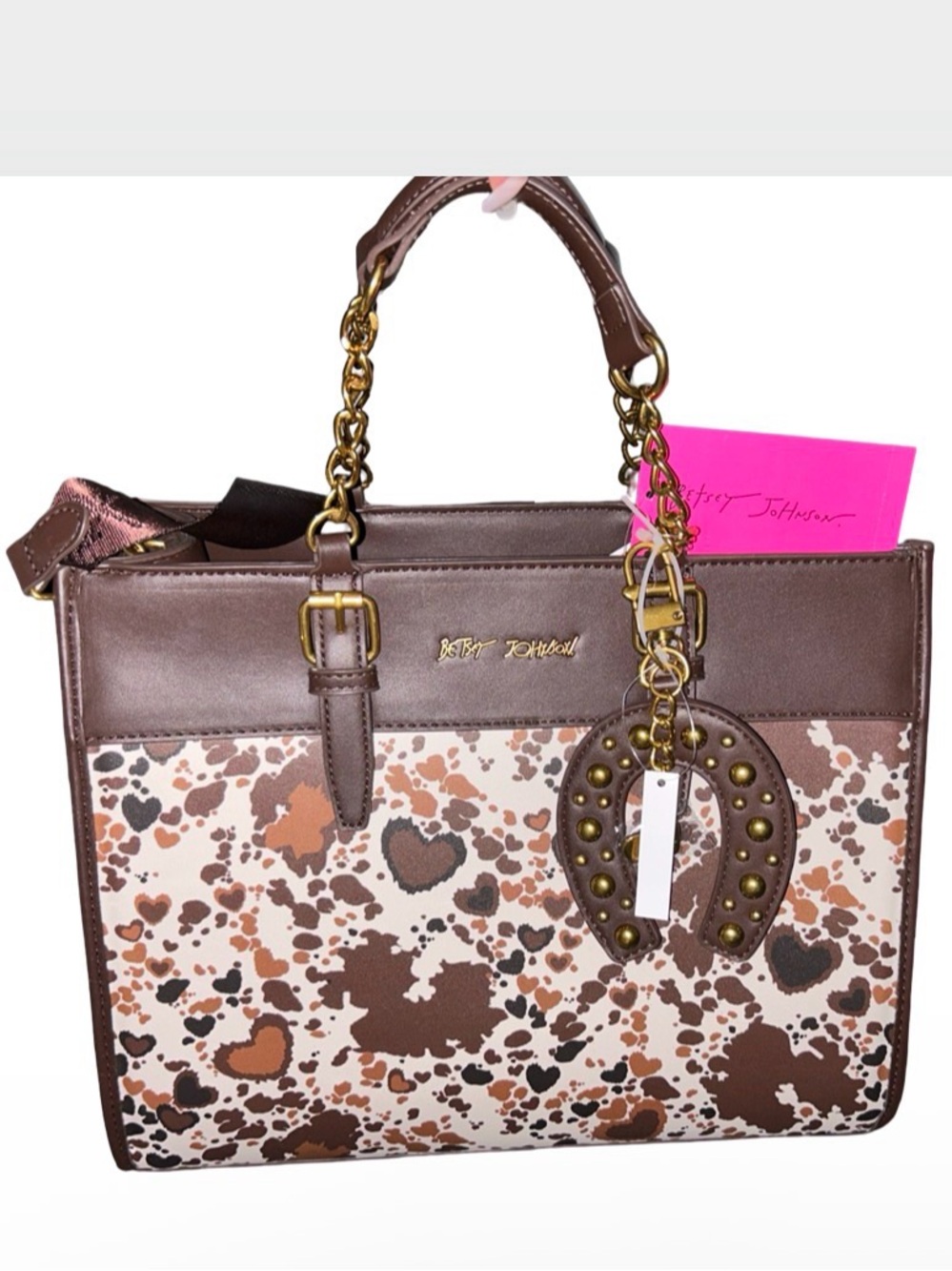 BETSEY JOHNSON ANIMAL PRINT BROWN SATCHEL &  HORSESHOE PURSE CHARM NWT
